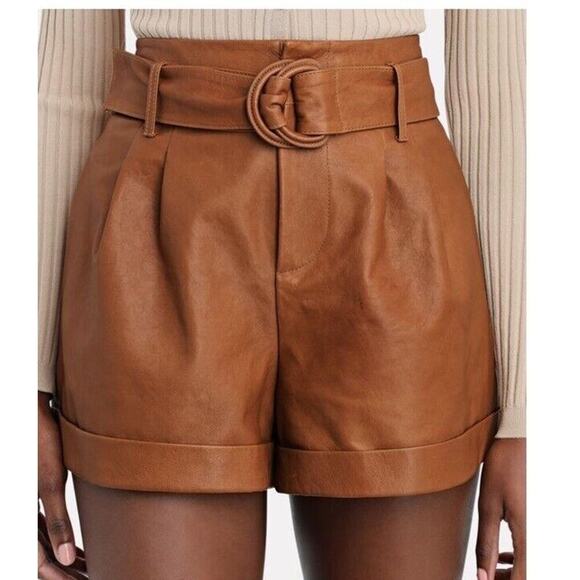 Frame Lambs Leather Pleated Front Belted Paperbag Shorts In Camel Size 28 - Picture 3 of 14